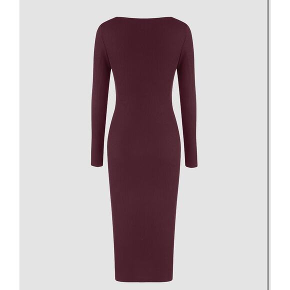 CIDER Solid Square Neck Long Sleeve‎ Ribbed Midi Dress in Wine Size XL - Picture 2 of 10